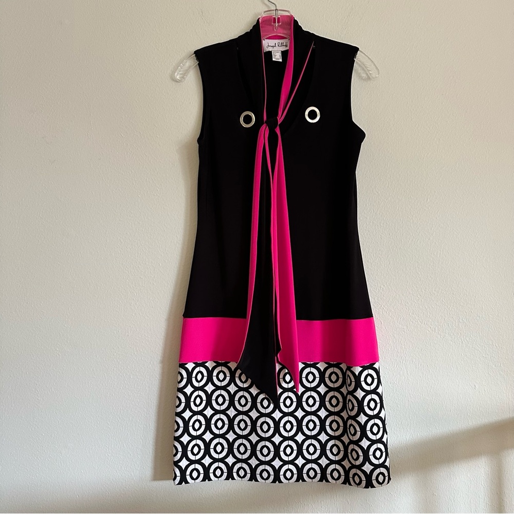 Joseph Ribkoff Mod Geometric Circle Sleeveless Neck Tie Bow Shift Dress Grommets